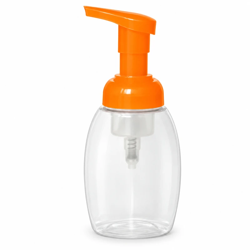 Clear rounded bottle with orange long-spout foaming pump