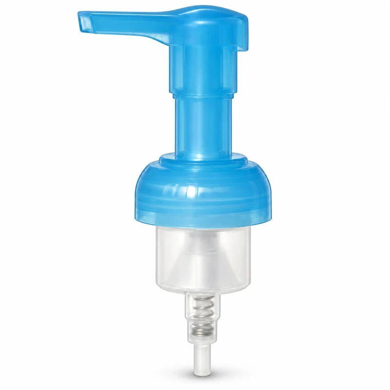 Translucent blue foaming pump with a long straight spout and rounded collar